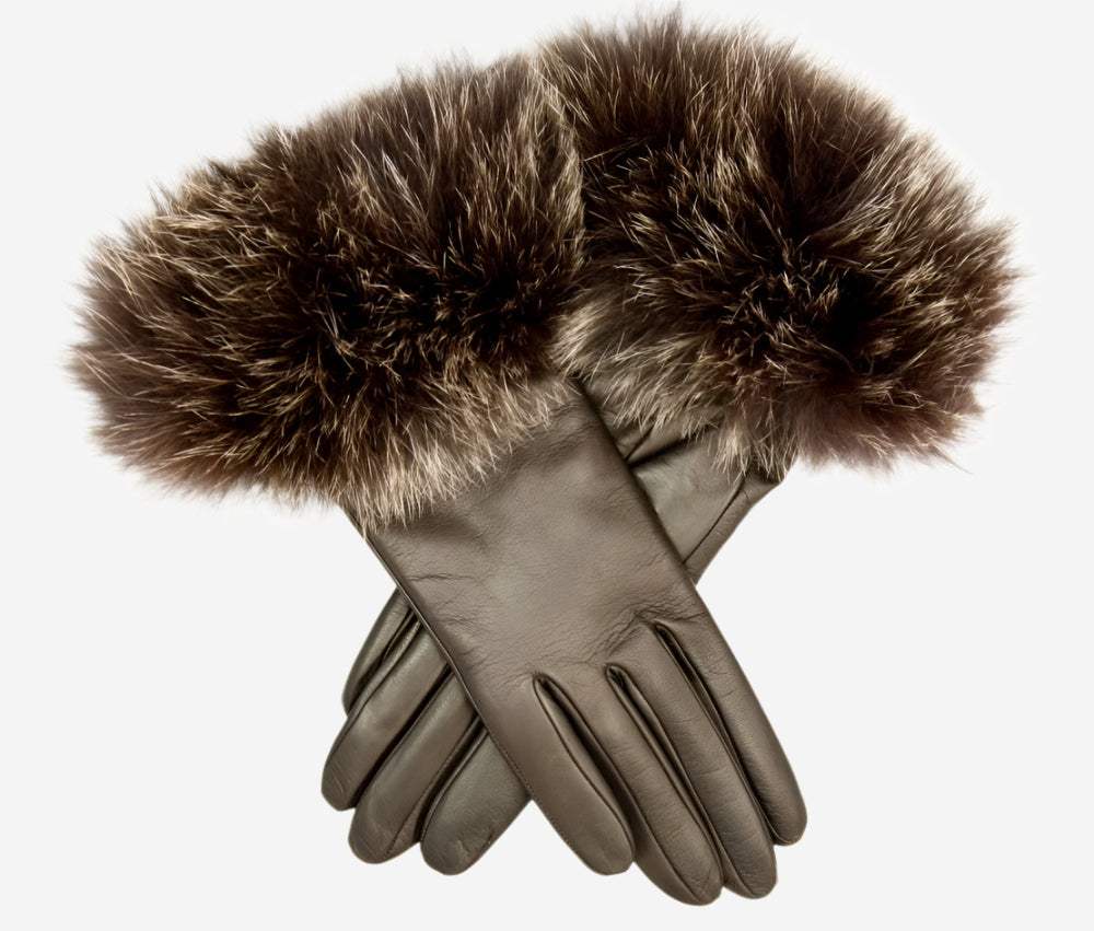 CC4066 (brown) - Women’s Italian fox fur cuff cashmere lined leather gloves - Leather Gloves Online - Flyclothing LLC