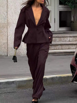 One-Button Blazer and Wide-Leg Pants Set - Trendsi - Flyclothing LLC