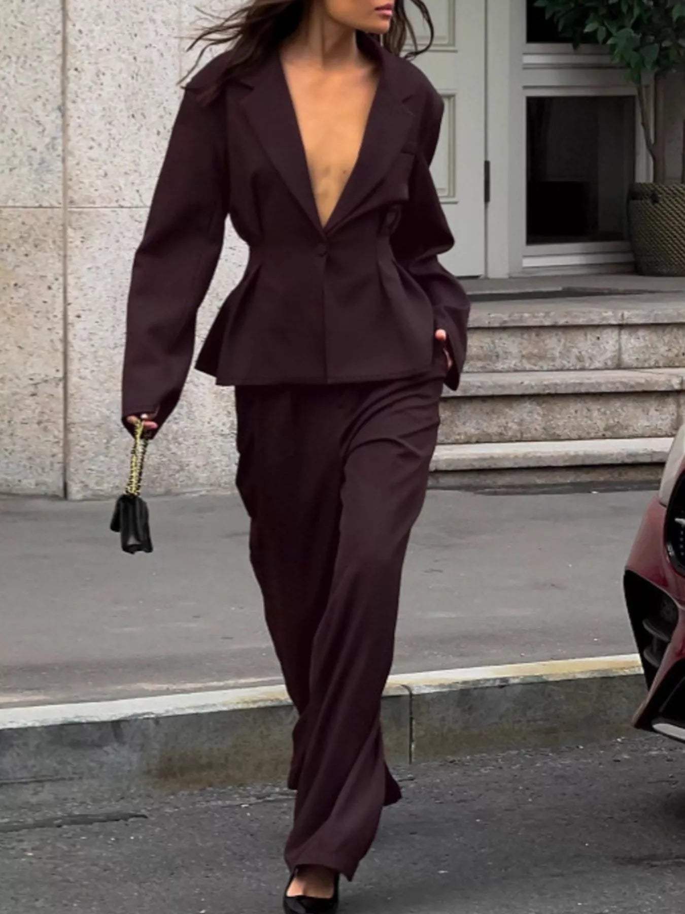 One-Button Blazer and Wide-Leg Pants Set - Trendsi - Flyclothing LLC