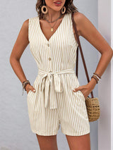 Perfee Striped V-Neck Tie Waist Romper - Trendsi - Flyclothing LLC