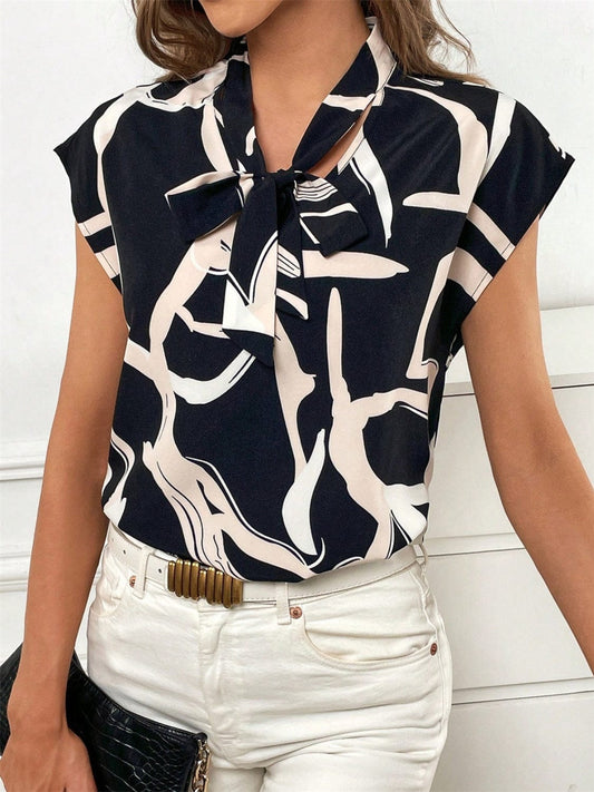 Printed Tie Neck Cap Sleeve Blouse - Trendsi