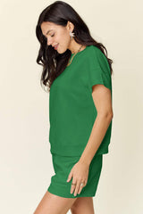 Double Take Full Size Texture Short Sleeve T-Shirt and Drawstring Shorts Set - Trendsi - Flyclothing LLC