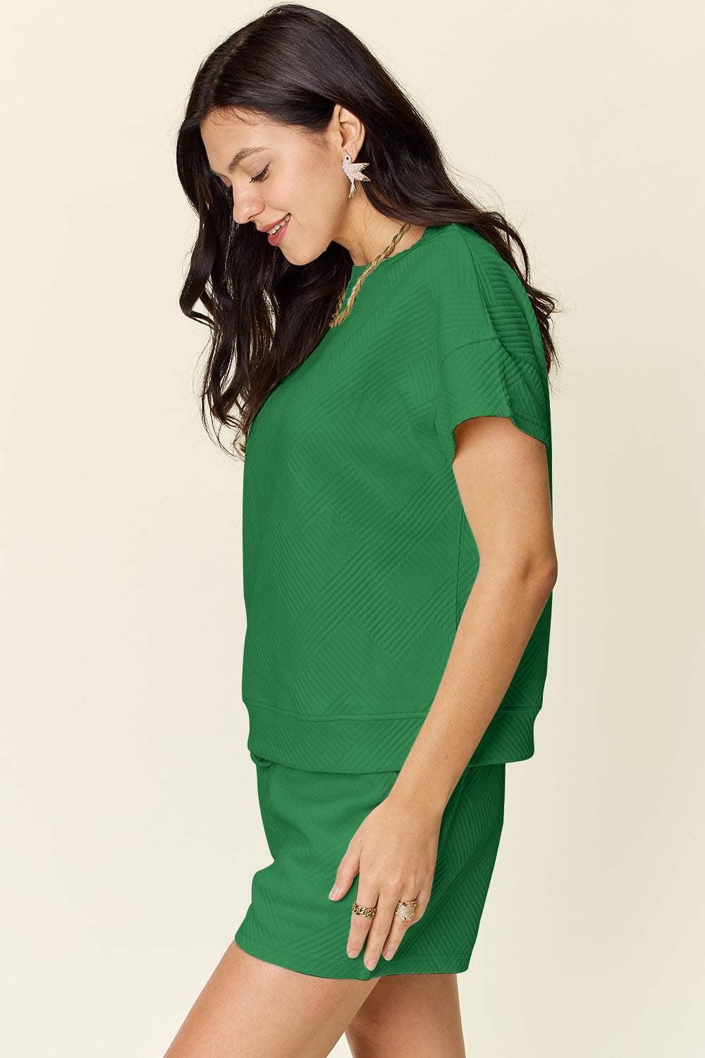 Double Take Full Size Texture Short Sleeve T-Shirt and Drawstring Shorts Set - Trendsi - Flyclothing LLC