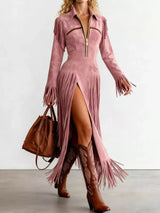 Fringed Suede Slit Dress - Trendsi - Flyclothing LLC