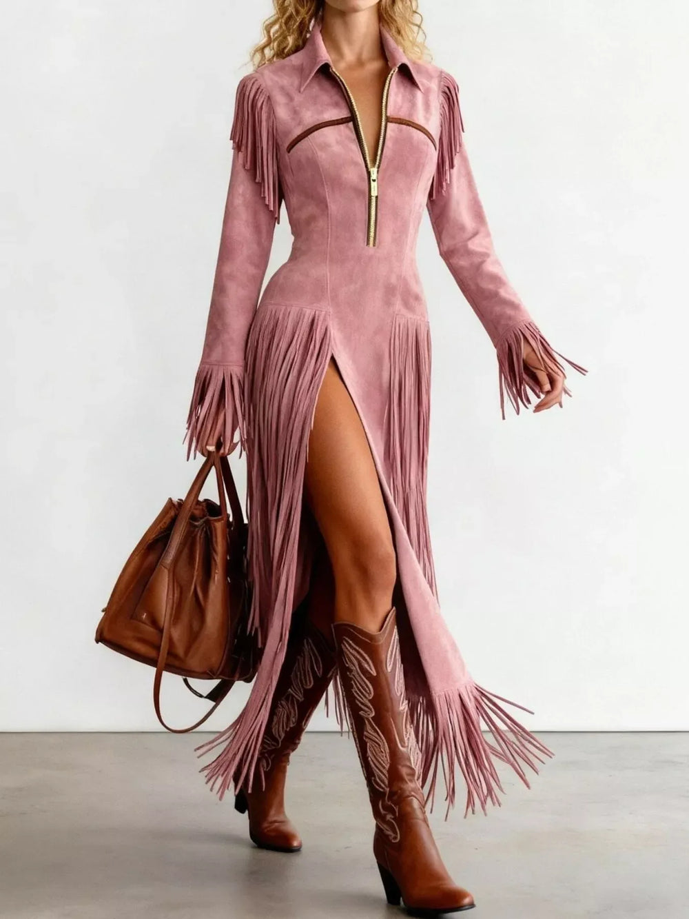 Fringed Suede Slit Dress - Trendsi - Flyclothing LLC