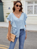 Ruffled V-Neck Short Sleeve Top - Trendsi