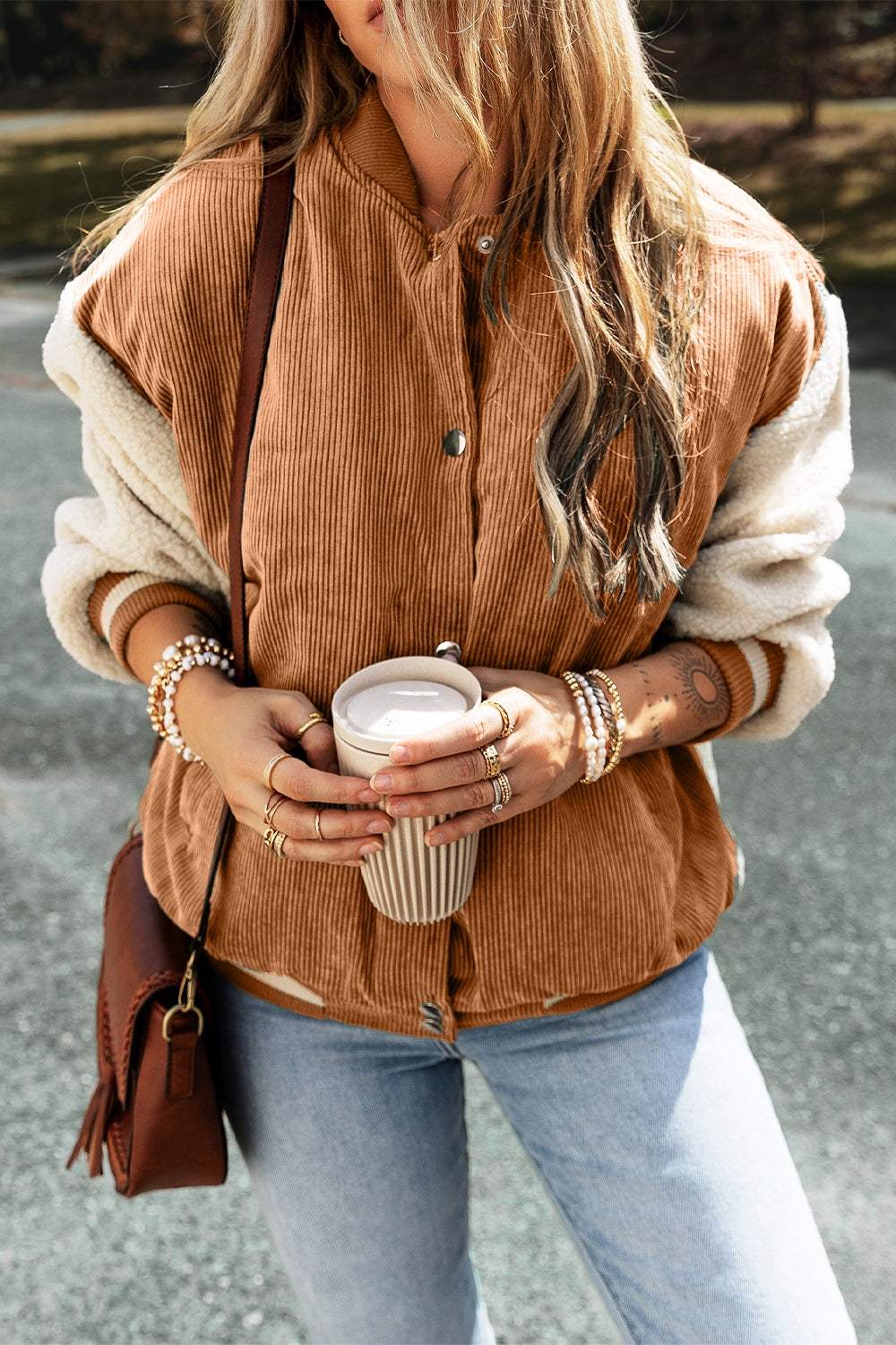 Contrast Baseball Collar Snap Down Long Sleeve Jacket - Trendsi - Flyclothing LLC