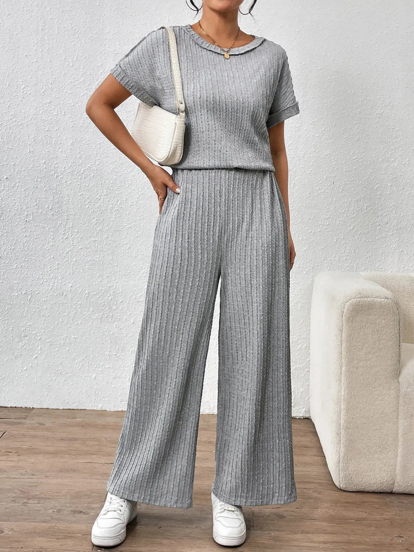 Round Neck Short Sleeve Top and Pants Set - Trendsi - Flyclothing LLC