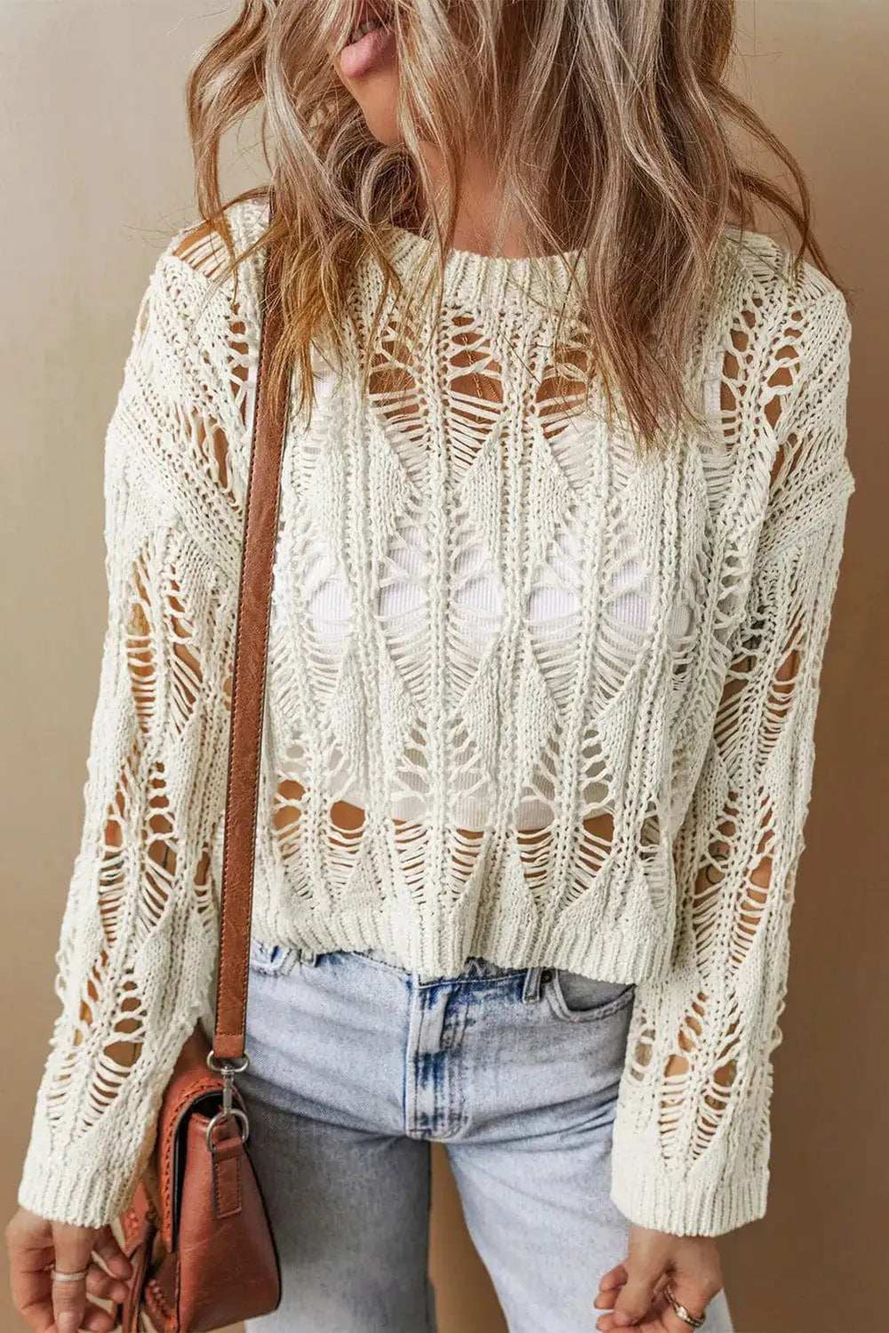 Cutout Round Neck Long Sleeve Knit Cover Up - Trendsi - Flyclothing LLC
