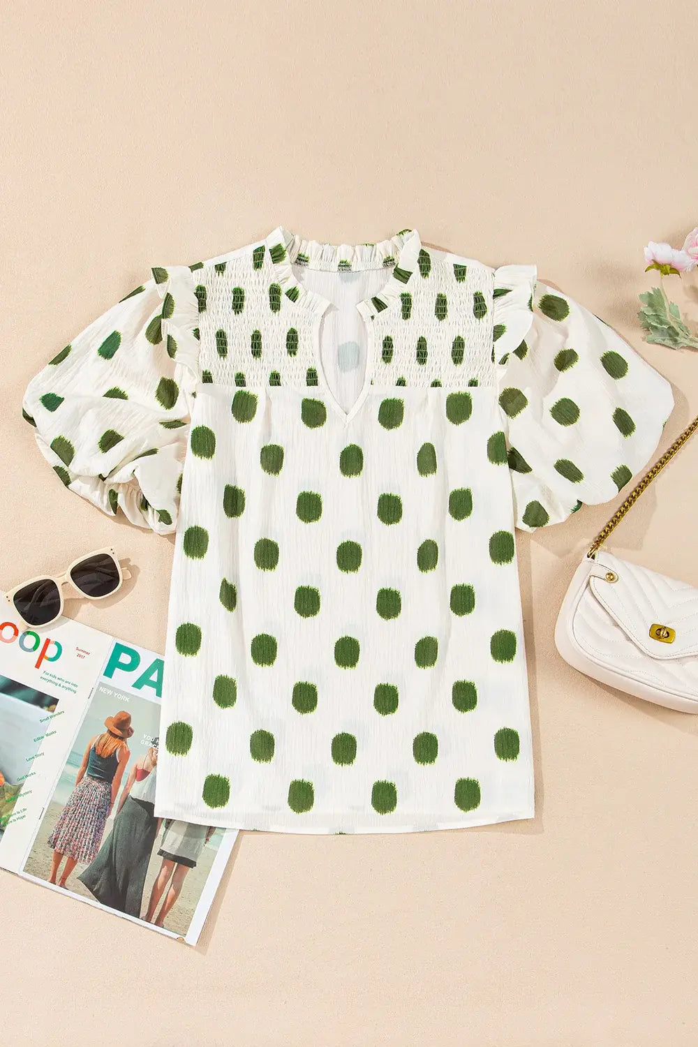 Polka Dot Shirred Yoke Notched Neck Puff Sleeve Blouse - Trendsi - Flyclothing LLC