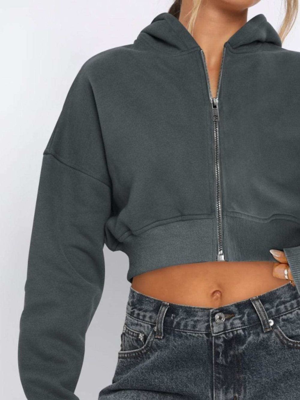 Zip Up Long Sleeve Hooded Cropped Jacket - Trendsi - Flyclothing LLC
