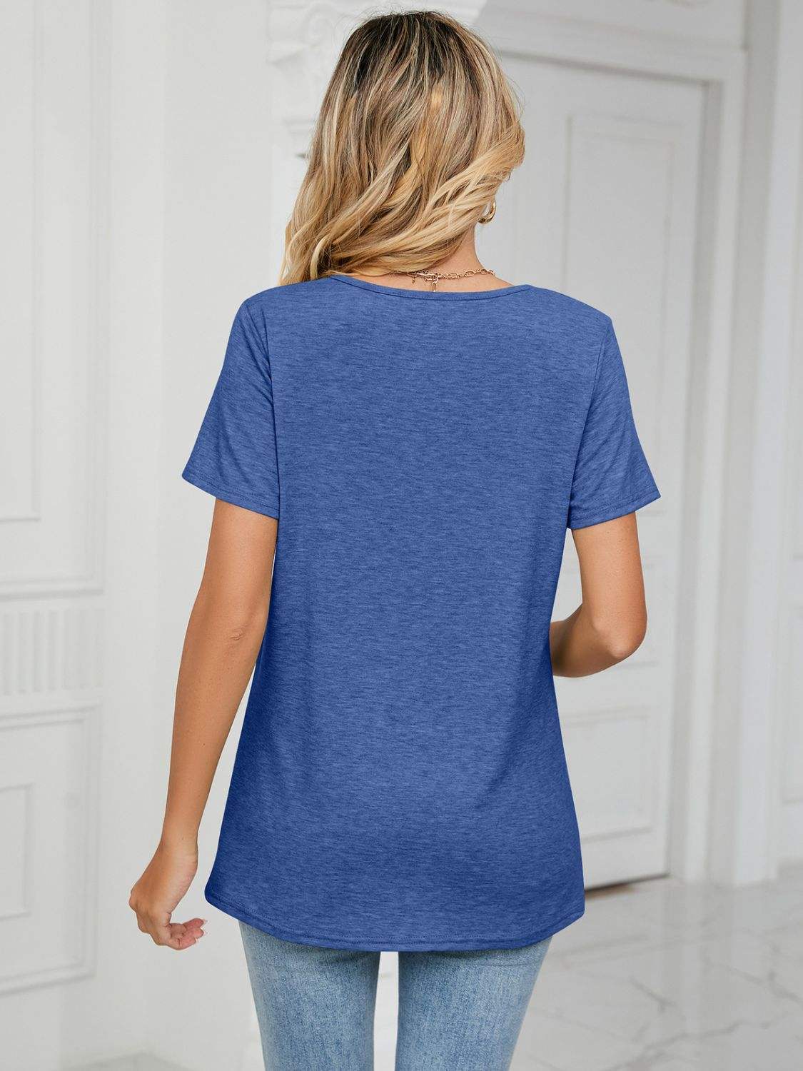 Ruched V-Neck Short Sleeve T-Shirt - Trendsi - Flyclothing LLC