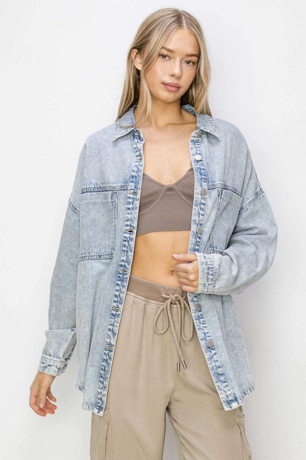 RISEN Button Up Long Sleeve Shacket - Trendsi - Flyclothing LLC