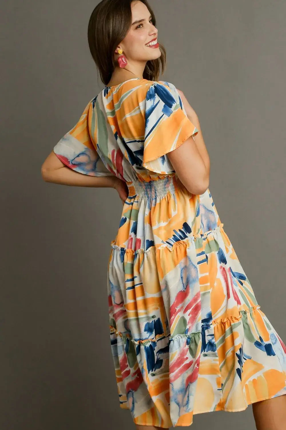 Umgee Full Size Abstract Print Flutter Sleeve Frill Tiered Midi Dress Plus Size - Trendsi - Flyclothing LLC