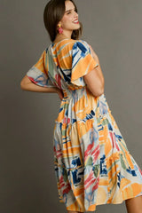 Umgee Full Size Abstract Print Flutter Sleeve Frill Tiered Midi Dress Plus Size - Trendsi - Flyclothing LLC