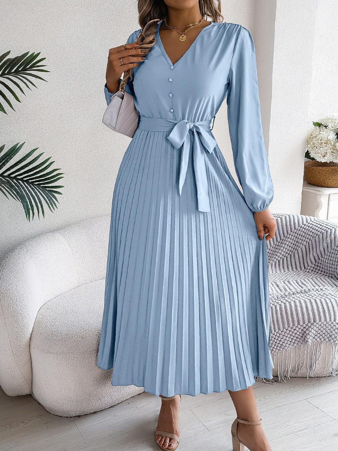 Pleated Tied V-Neck Long Sleeve Dress - Trendsi