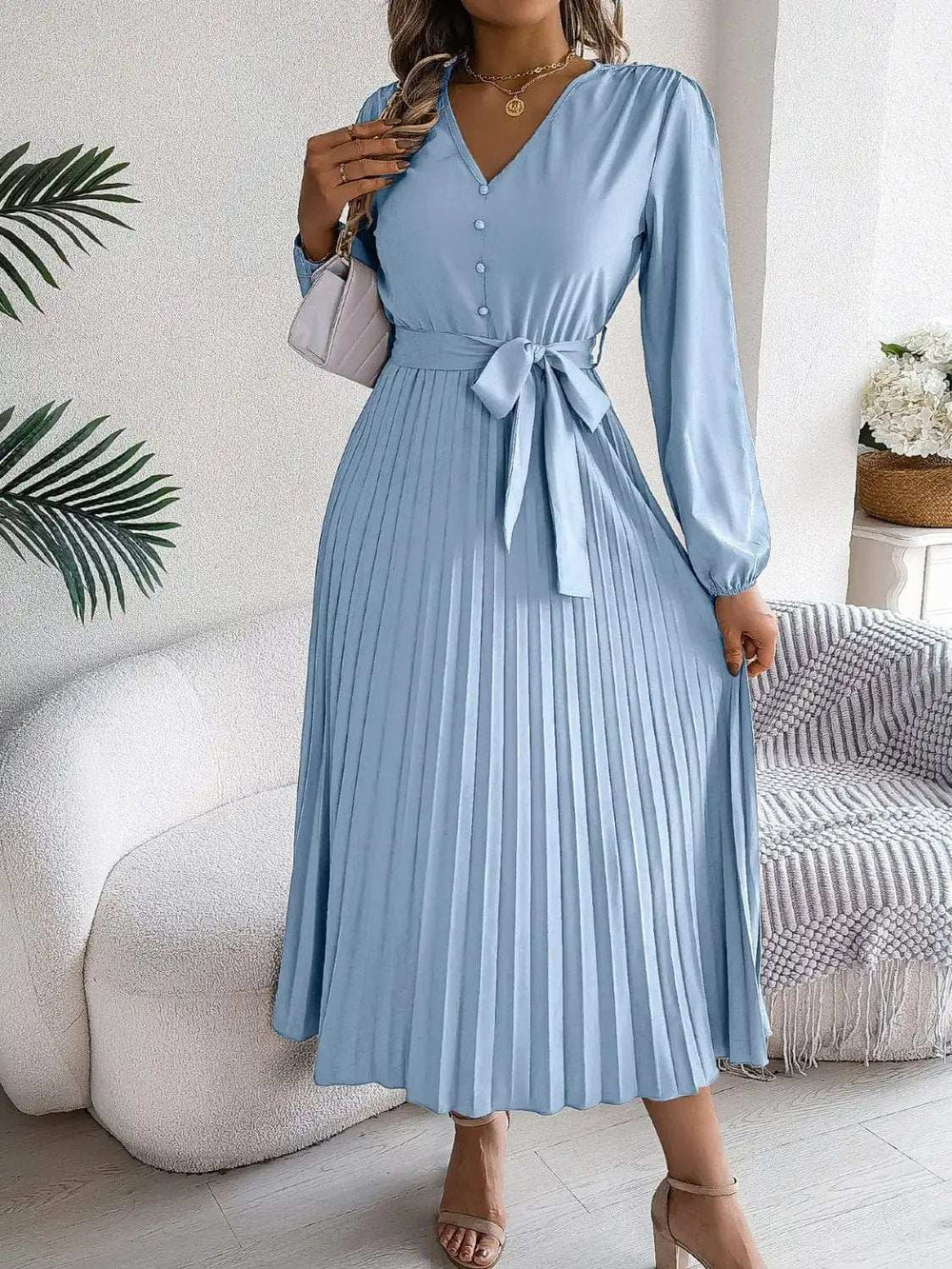Pleated Tied V-Neck Long Sleeve Dress - Trendsi - Flyclothing LLC