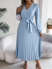 Pleated Tied V-Neck Long Sleeve Dress - Trendsi