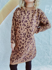 Leopard Round Neck Long Sleeve Sweater - Trendsi