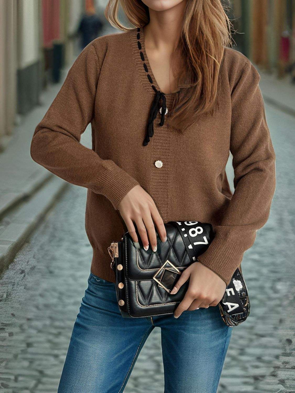 Tied V-Neck Long Sleeve Sweater - Trendsi - Flyclothing LLC