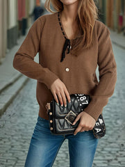 Tied V-Neck Long Sleeve Sweater - Trendsi