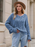 Round Neck Dropped Shoulder Long Sleeve Sweater - Trendsi - Flyclothing LLC