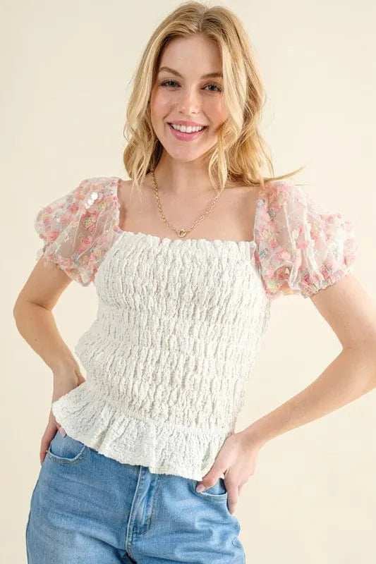 And The Why Embellishment Sleeve Smocked Top - Trendsi - Flyclothing LLC