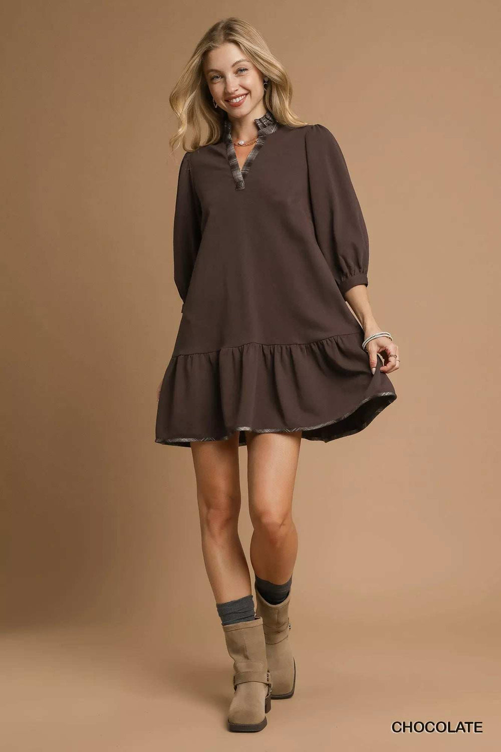 Umgee French Terry Ruffle Hem Dress with Plaid Trim - Trendsi - Flyclothing LLC