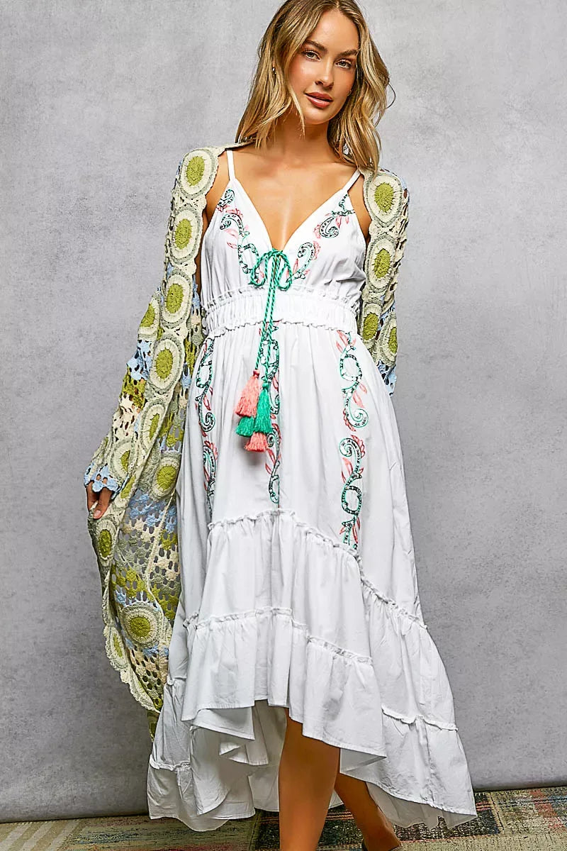 POL Scalloped Edge Open Front Crochet Cardigan with Colorful Stripe Pattern - Trendsi - Flyclothing LLC