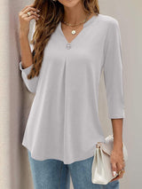 Notched Three-Quarter Sleeve T-Shirt - Trendsi - Flyclothing LLC