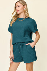 Double Take Full Size Texture Short Sleeve T-Shirt and Drawstring Shorts Set - Trendsi - Flyclothing LLC