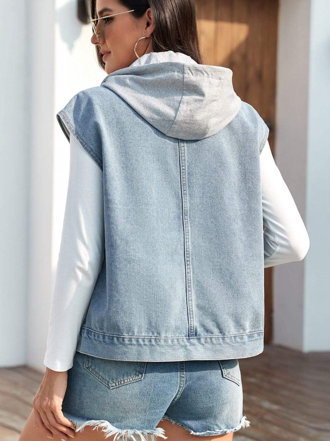 Drawstring Button Up Sleeveless Denim Jacket - Trendsi - Flyclothing LLC