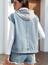 Drawstring Button Up Sleeveless Denim Jacket - Trendsi - Flyclothing LLC