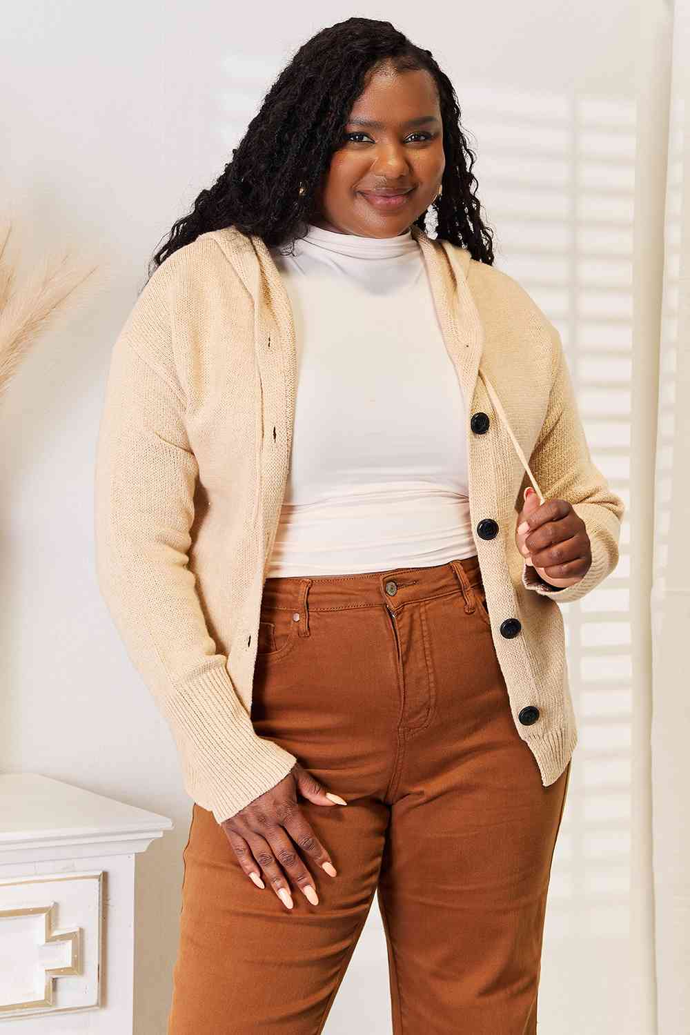 Woven Right Button-Down Long Sleeve Hooded Sweater - Trendsi - Flyclothing LLC