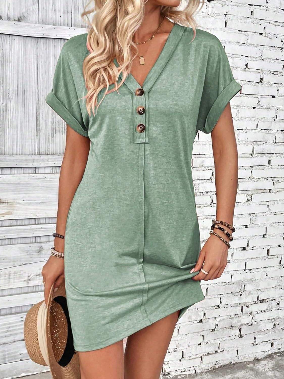 Quarter Button V-Neck Short Sleeve Dress - Trendsi - Flyclothing LLC