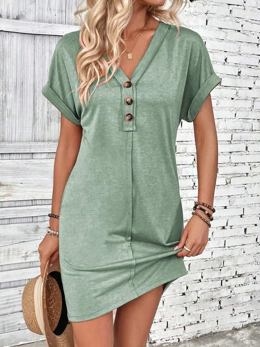 Quarter Button V-Neck Short Sleeve Dress - Trendsi - Flyclothing LLC
