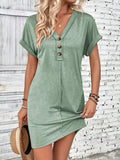 Quarter Button V-Neck Short Sleeve Dress - Trendsi - Flyclothing LLC