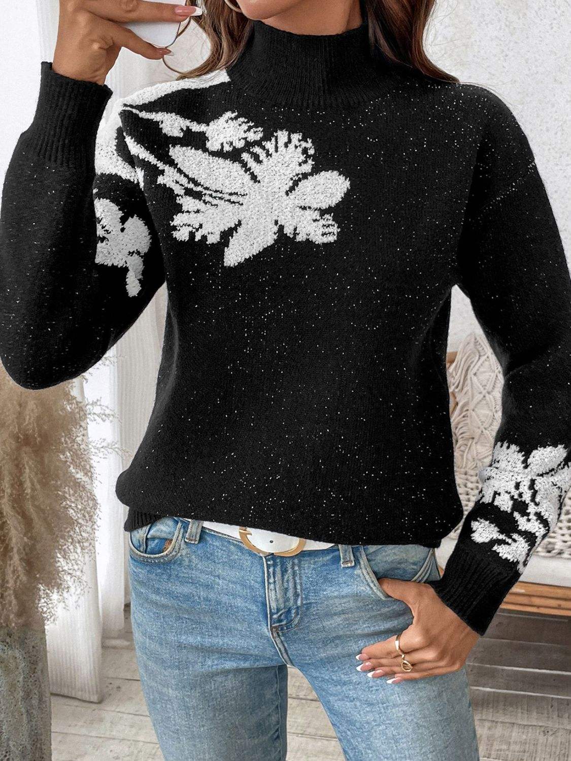 Perfee Flower Mock Neck Long Sleeve Sweater - Trendsi - Flyclothing LLC