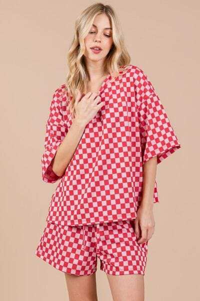 Ces Femme Checkered Round Neck Top and Shorts Set - Trendsi - Flyclothing LLC