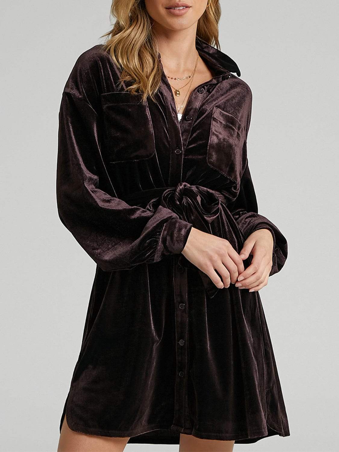 Collared Neck Button Down Long Sleeve Mini Dress - Trendsi - Flyclothing LLC