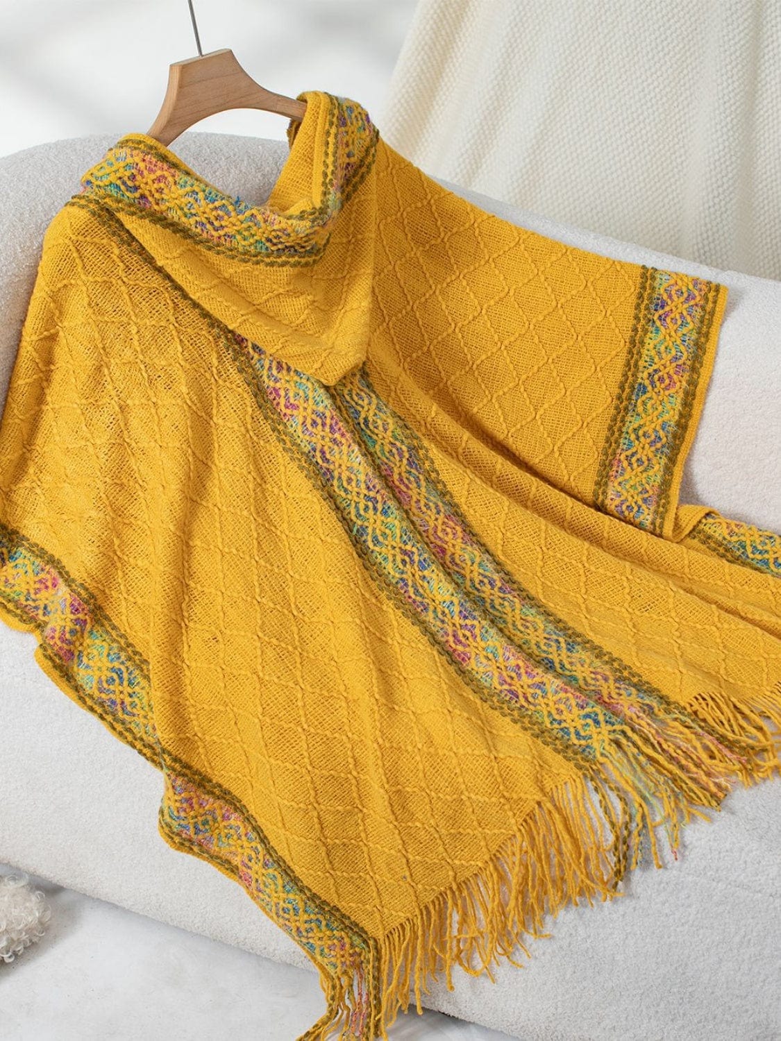 Fringe Half Sleeve Hooded Poncho - Trendsi