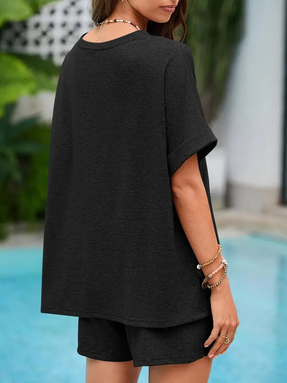 Round Neck T-Shirt and Drawstring Shorts Set - Trendsi - Flyclothing LLC