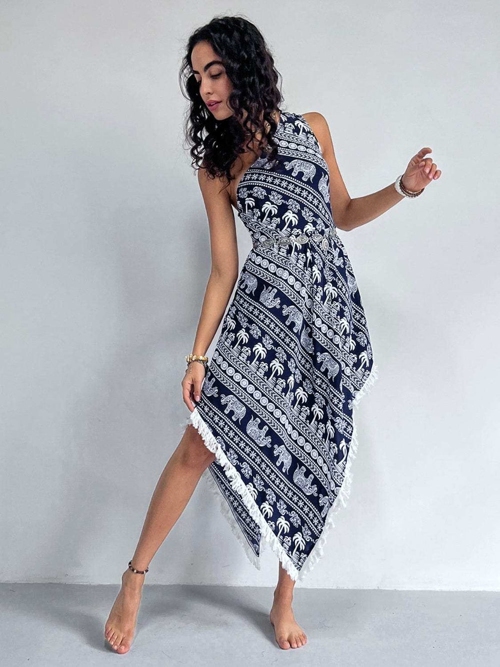 Fringe Printed Single Shoulder Dress - Trendsi - Flyclothing LLC