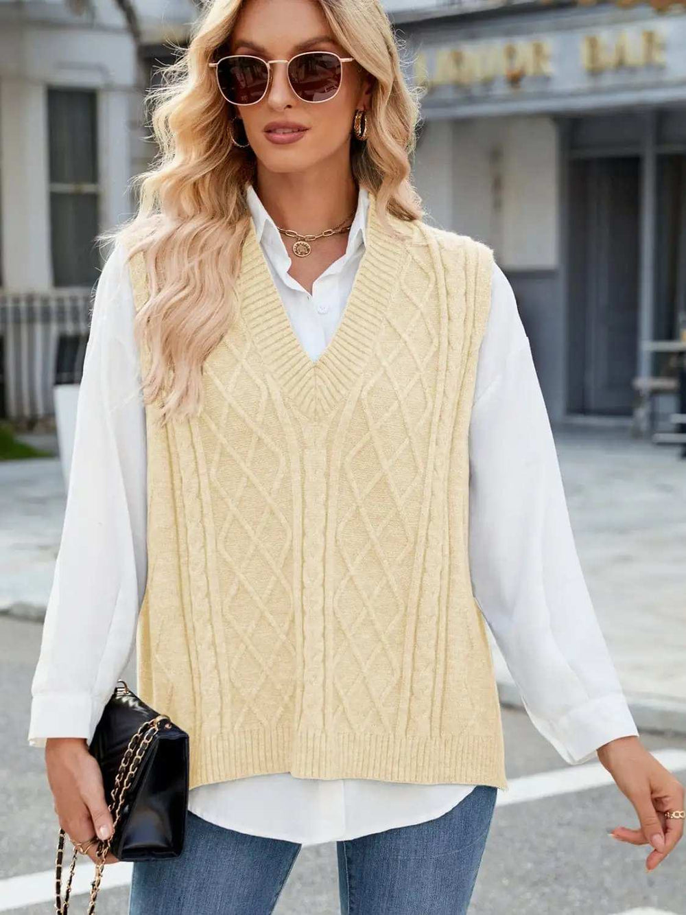 Cable Knit V-Neck Sweater Vest - Trendsi - Flyclothing LLC