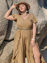 Plus Size Slit Ruffled V-Neck Jumpsuit - Trendsi - Flyclothing LLC