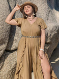 Plus Size Slit Ruffled V-Neck Jumpsuit - Trendsi - Flyclothing LLC