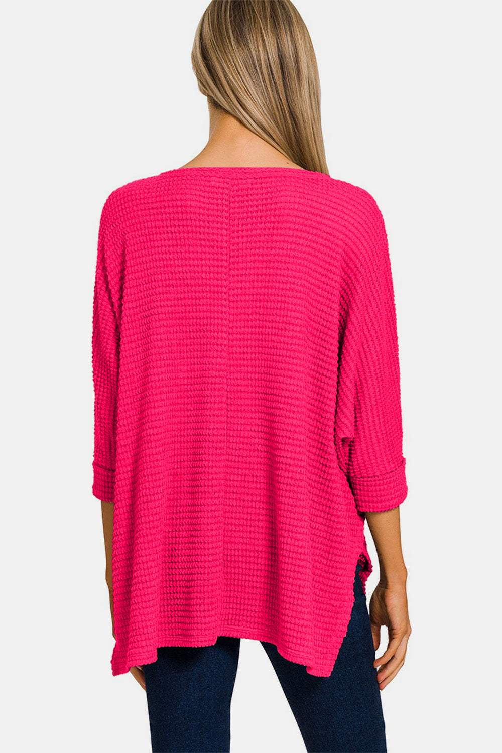 Zenana V-Neck High-Low Jacquard Knit Top - Trendsi - Flyclothing LLC