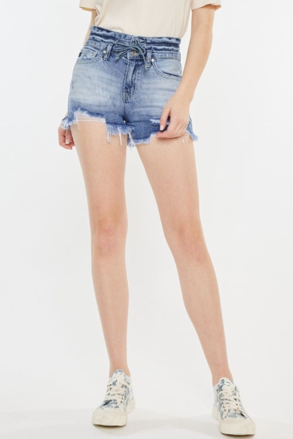 Kancan High Rise Frayed Hem Denim Shorts - Trendsi