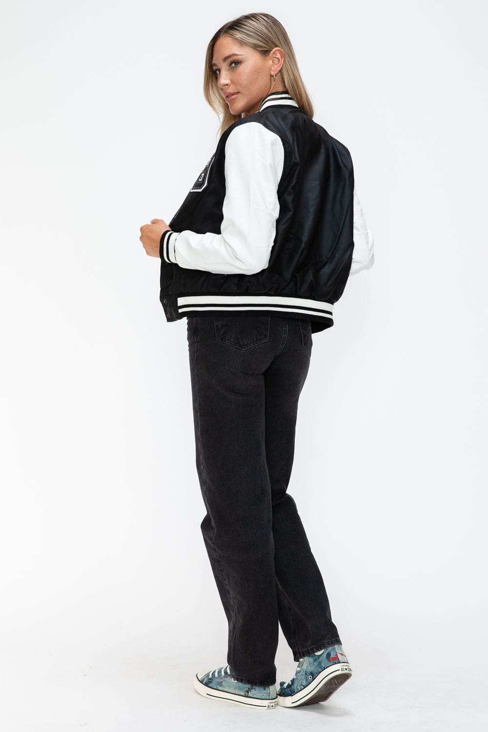 Love Me Now PU Leather Contrast Snap Down Bomber Jacket - Trendsi - Flyclothing LLC