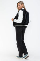 Love Me Now PU Leather Contrast Snap Down Bomber Jacket - Trendsi